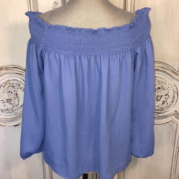 Ann Taylor Petite Sky Blue Smocked Neckline Off Shoulder Long Sleeve Blouse S/MP - Picture 7 of 9